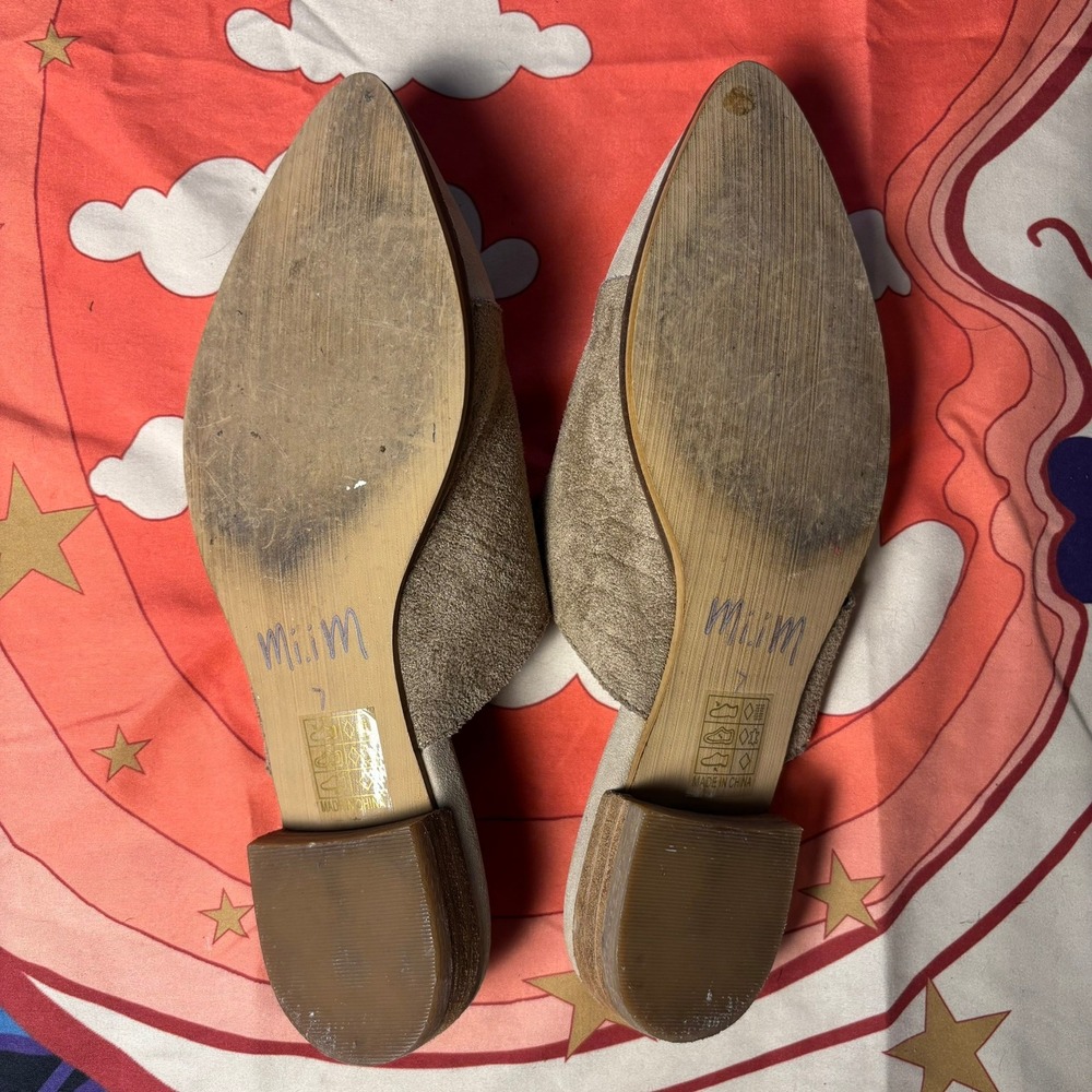 Mi.im Pointed Toe Mules Tan Taupe Two Tone Faux Suede Flat Slides Womens 7 Fall - Picture 6 of 16
